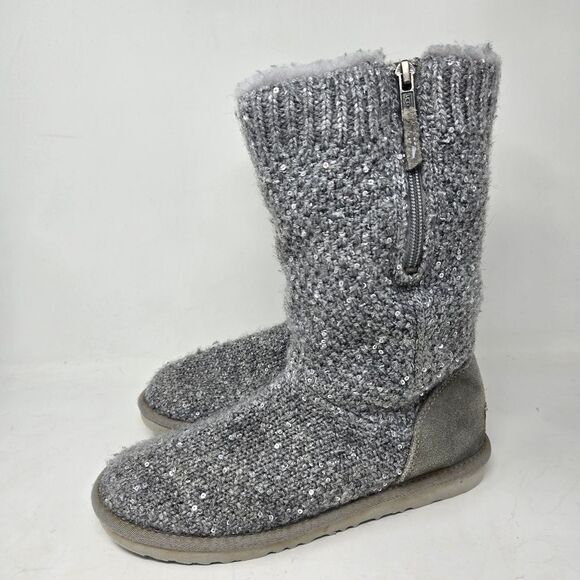UGG Treadlite Silver Gray Sequin Knit Mid Calf Sweater Boots Shoes Size 6 - Picture 5 of 15